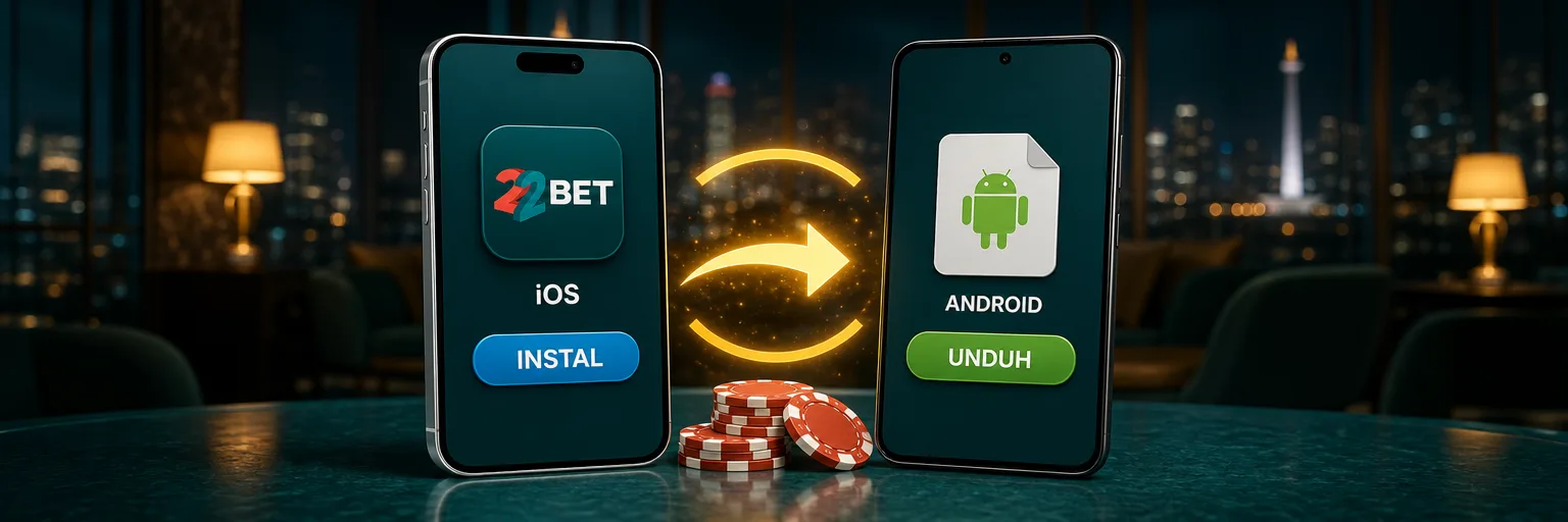 iPhone dengan aplikasi 22Bet yang diunduh dari App Store dan ponsel Android dengan aplikasi yang diinstal dari file APK resmi