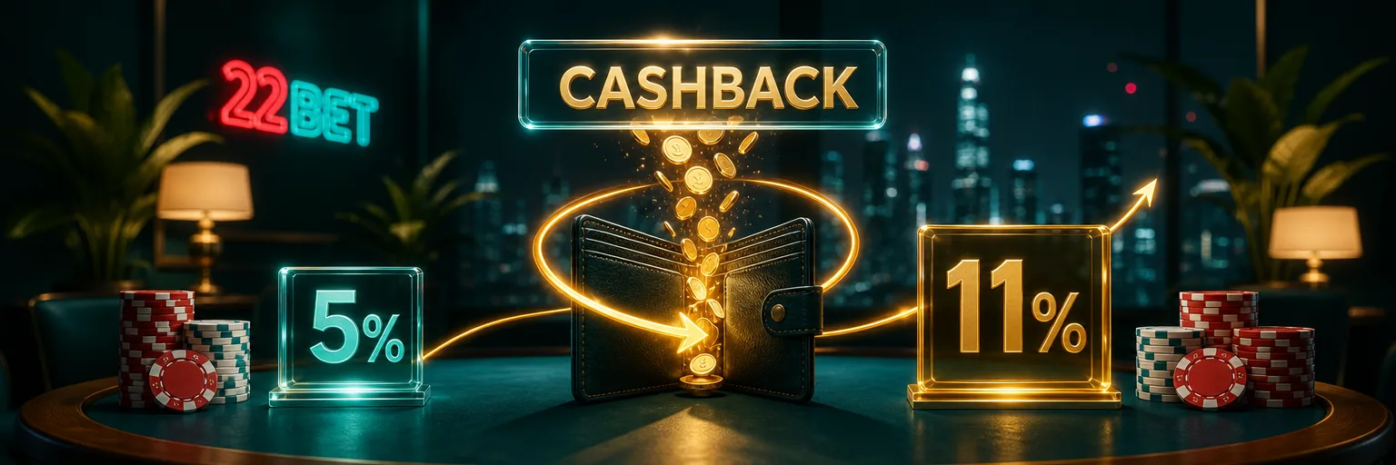 Cashback mingguan 22Bet: koin kembali ke dompet dengan tingkat 5% hingga 11%