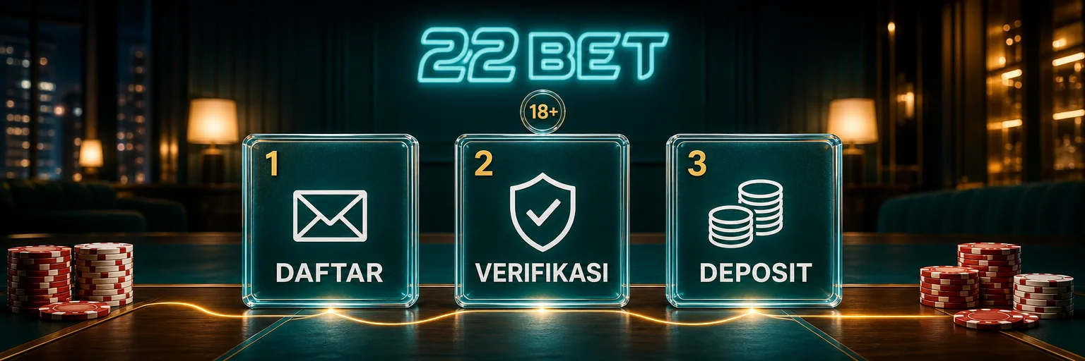 Tiga langkah registrasi 22Bet: daftar, verifikasi, deposit, dengan tanda 18+