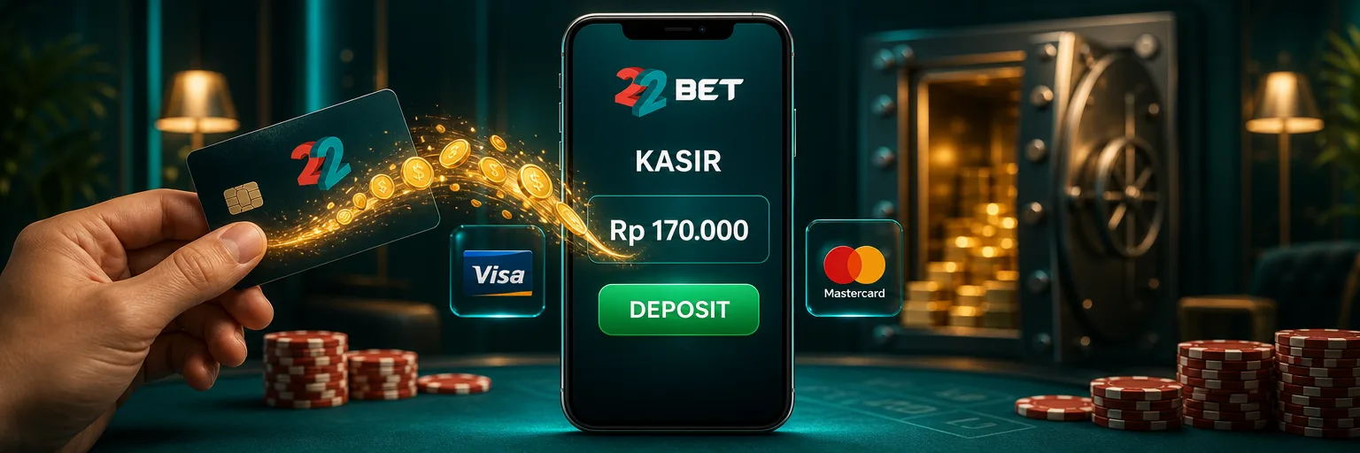Kasir 22Bet dengan deposit Rp 170.000, tombol DEPOSIT, dan logo Visa/Mastercard