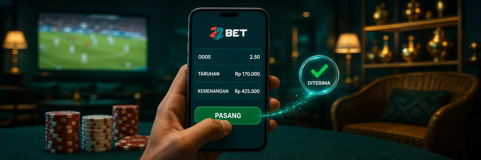 Betslip 22Bet dengan odds, nominal taruhan, potensi kemenangan, dan tombol PASANG