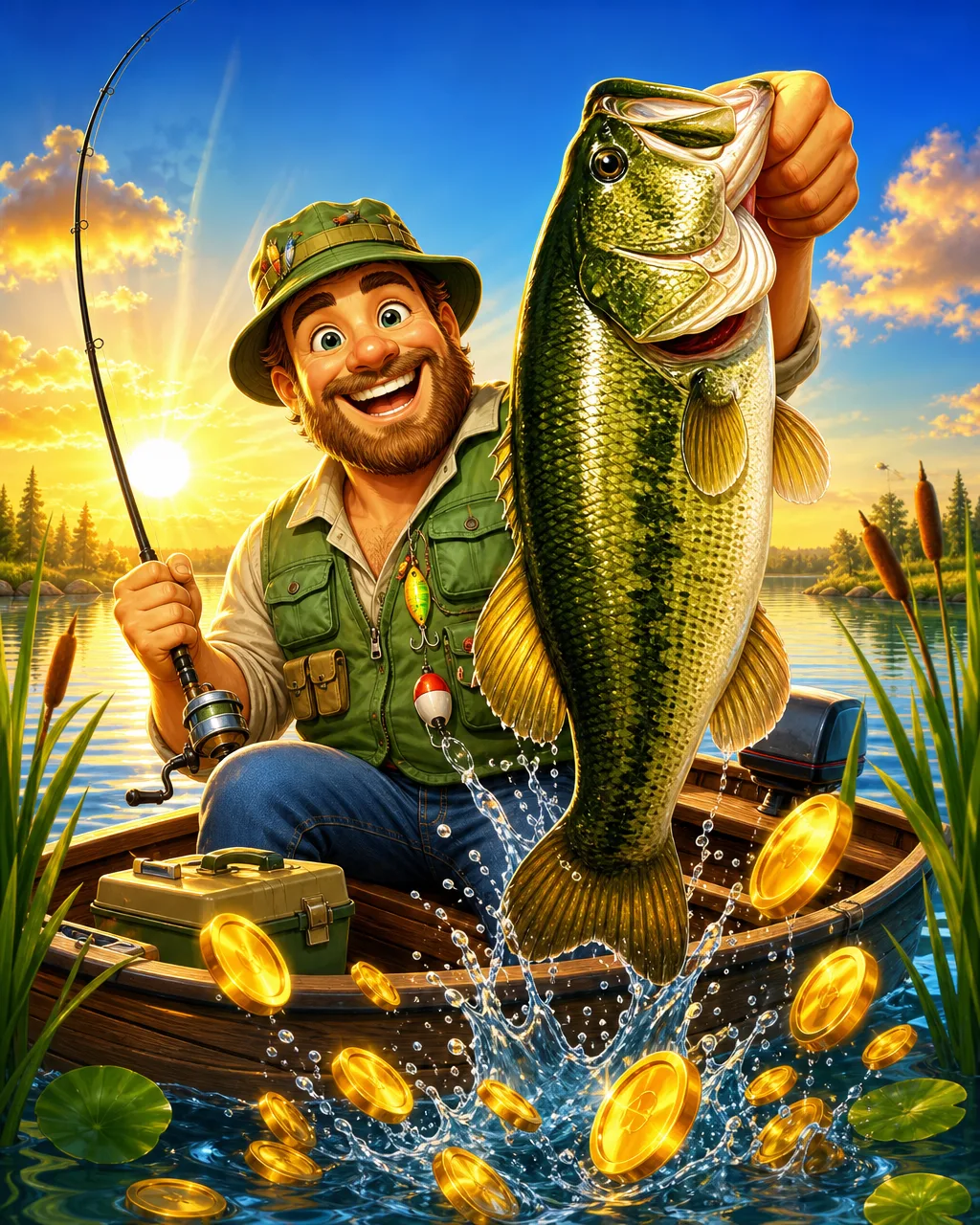 Sampul slot Big Bass Bonanza dengan pemancing dan ikan besar