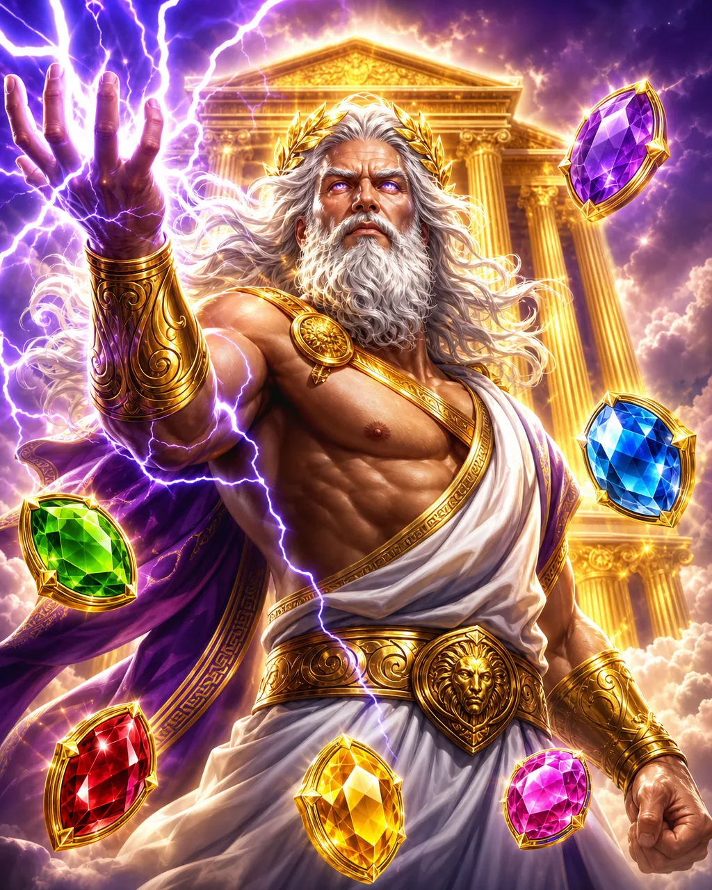 Sampul slot Gates of Olympus dengan Zeus dan permata warna-warni